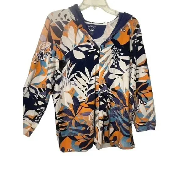 Zenergy By Chico's Blue Orange White Zip Hoodie Jacket Size 3 XL 16 Leaf Print - Picture 1 of 10